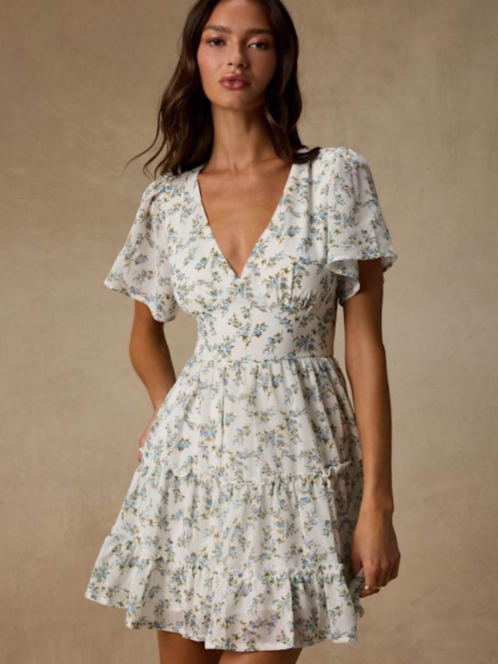 Lulus So True White Floral Print Tiered Short Sleeve Mini Dress - Size S
